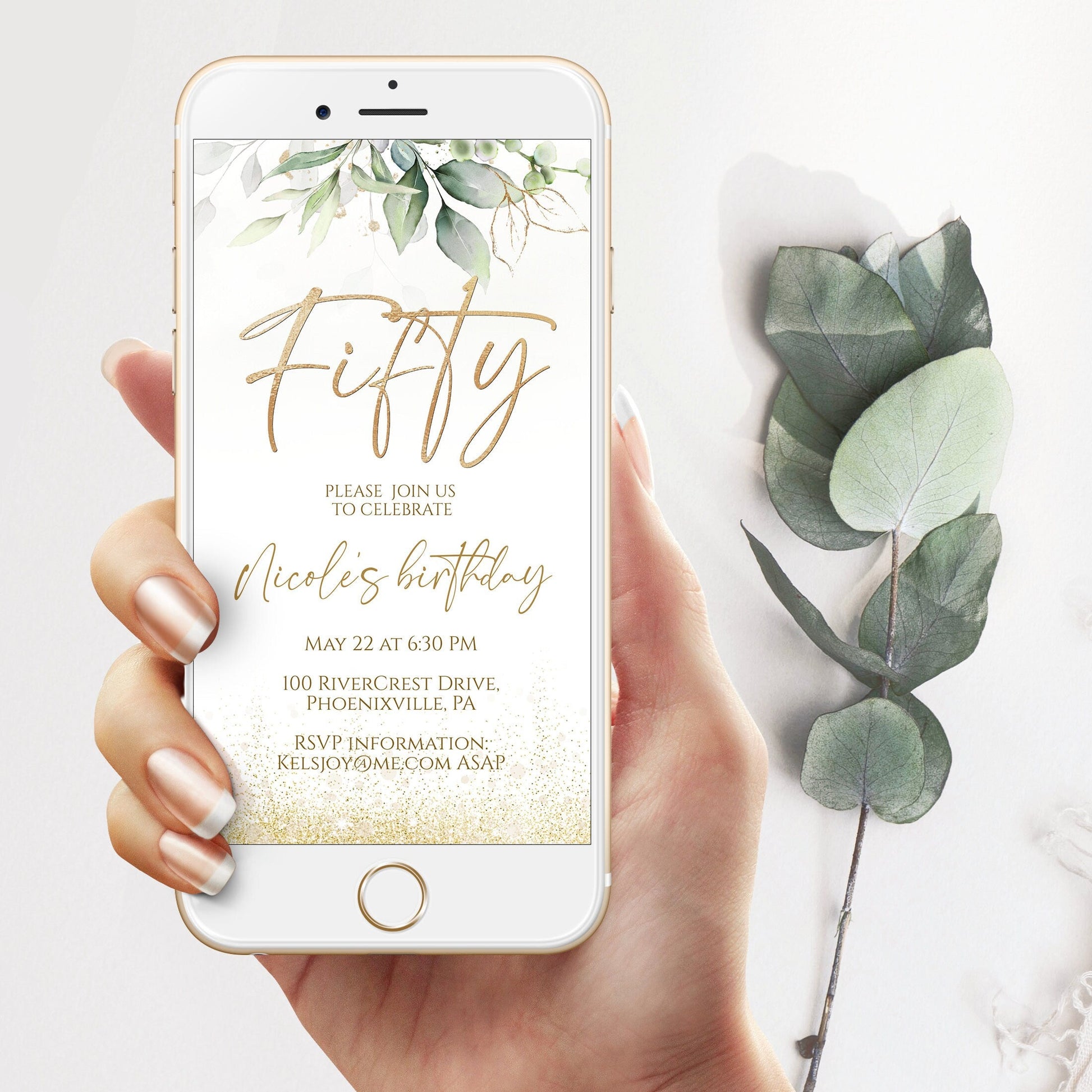 Fifty Electronic Birthday Invitation, 50th Boho Floral Greenery Phone Party Invite Evite, Instant Download, Text Message, Smartphone Invite