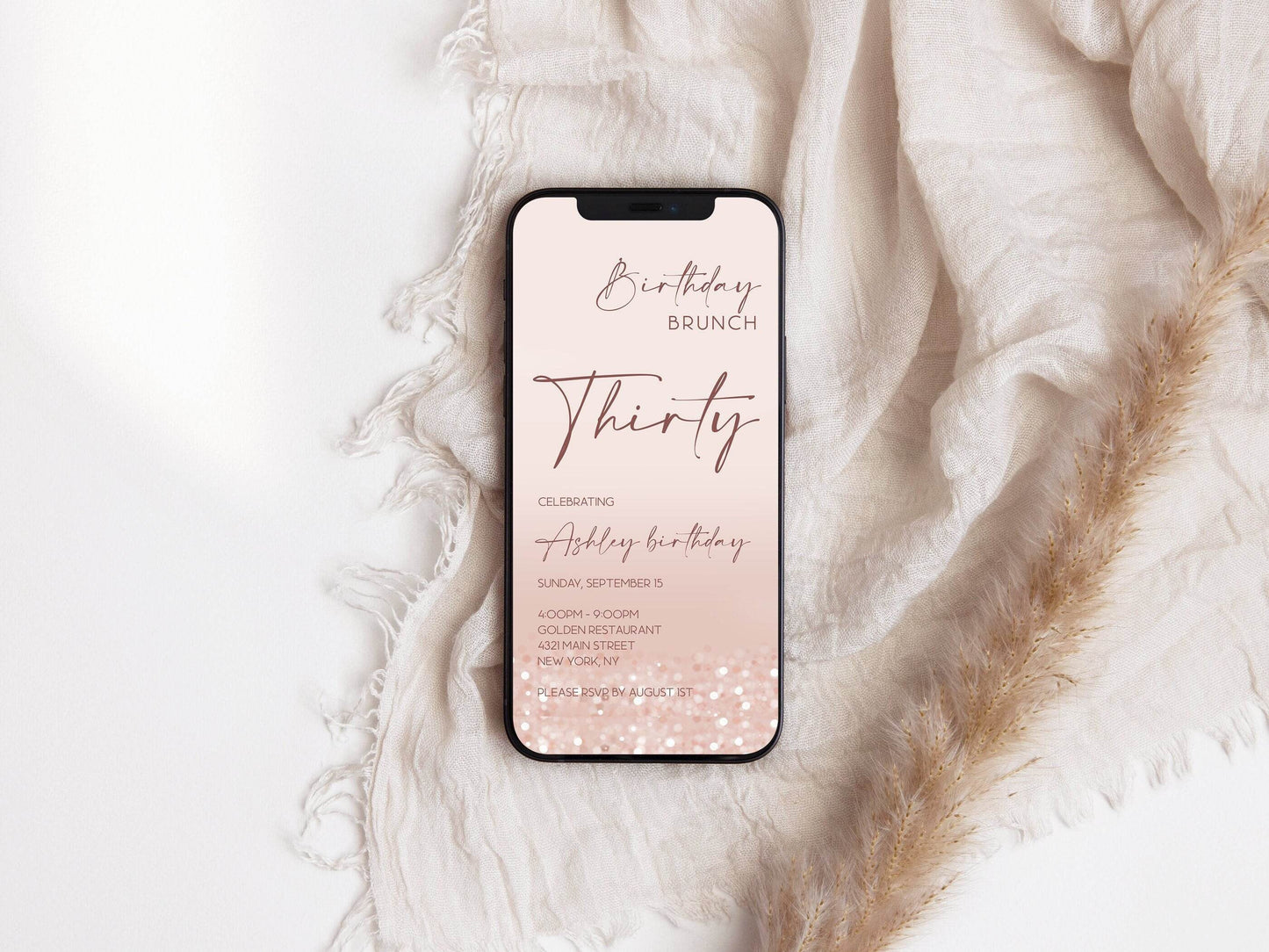 Electronic Thirty Birthday Brunch Rose Gold Confetti 30th Birthday Evite, Editable Invite, Digital Template, Paperless Birthday Invitation