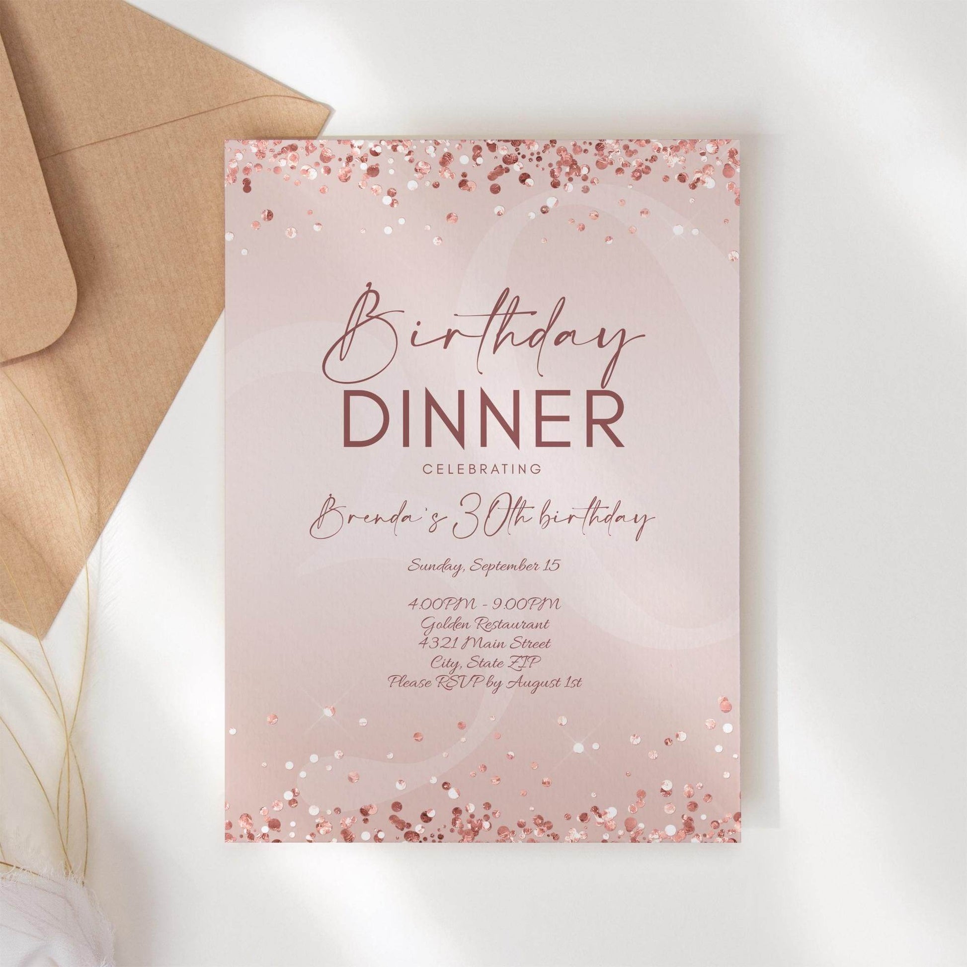 Birthday Dinner Invitation Template Printable, Editable Rose Gold Birthday Dinner Invite, Any Age Birthday, Email Text Message Invitation