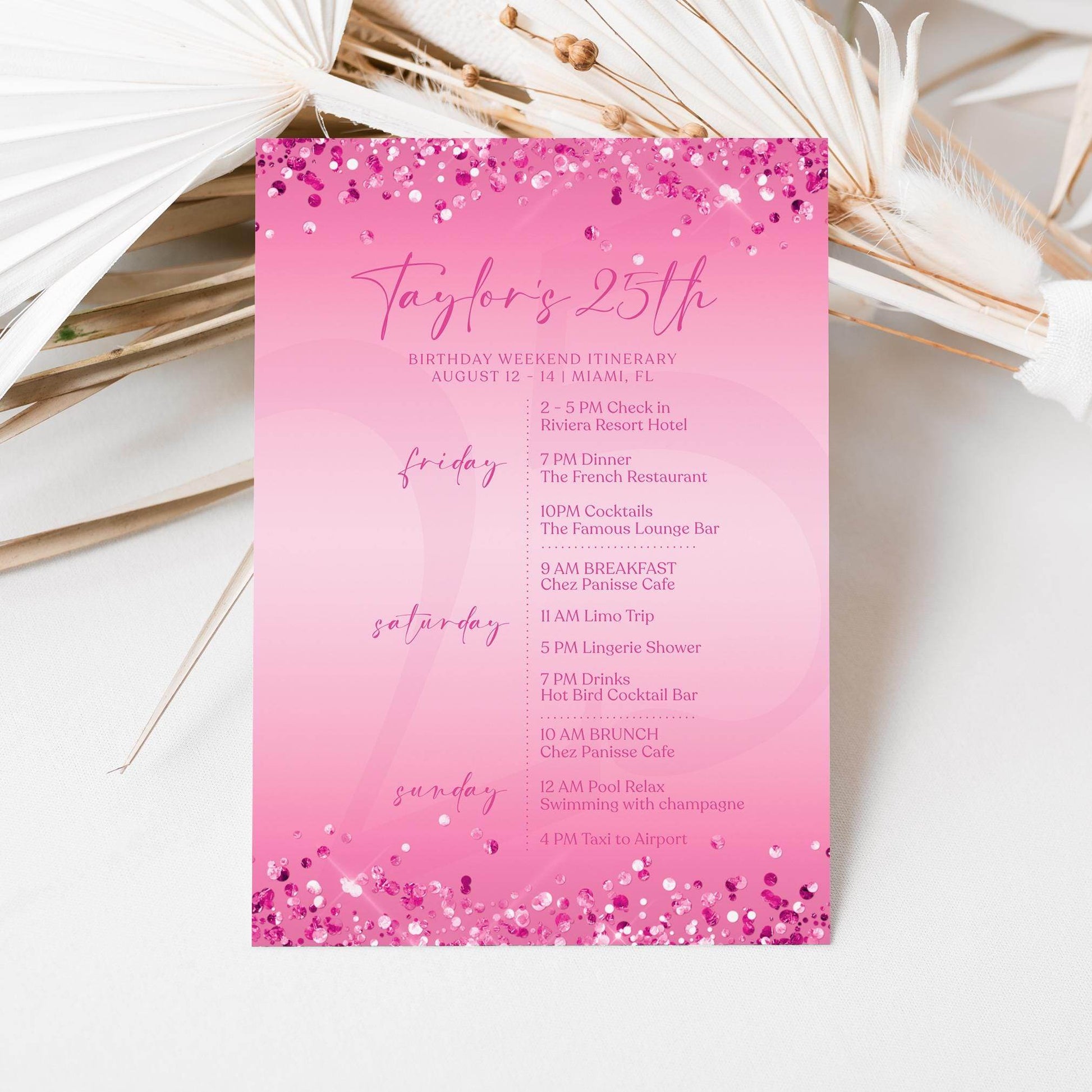 Editable Pink Any Age Ladies Birthday Itinerary Template, Printable Fuchsia Woman Itinerary, Digital Weekend Itinerary, Email Text Message