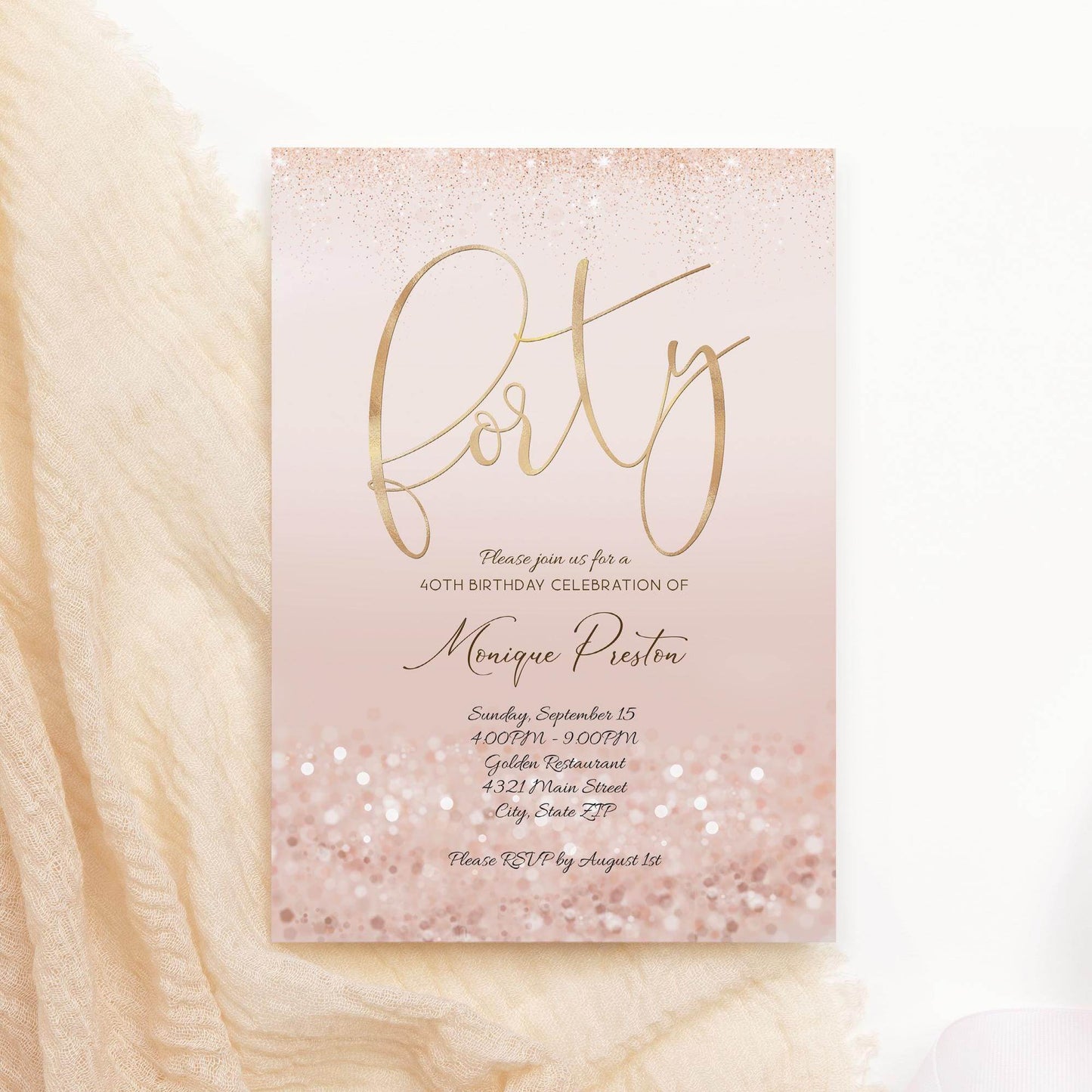 Rose Gold 40th Birthday Invitation Template, Editable Ladies Surprise Party Invite, Printable Pink Evite, Digital Text Message Download