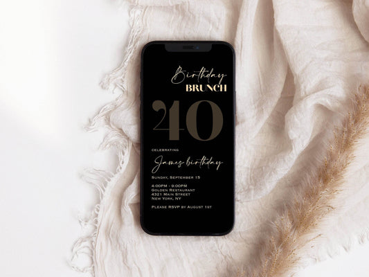 Paperless Electronic Birthday Brunch 40th Forty Birthday Evite Black Gold Party Invite, Digital Invite Template, Birthday Party Invitation