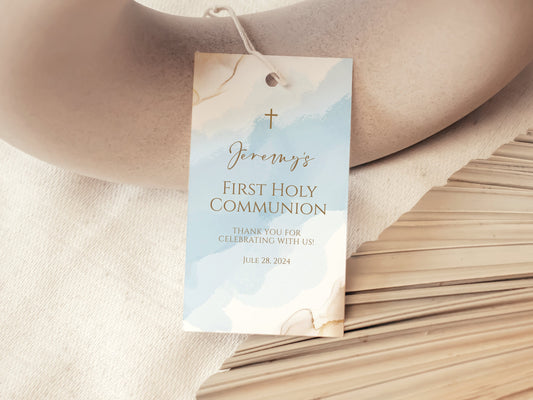 Boy First Holy Communion Thank You Tag Template | Editable Blue Gold Watercolor Favor Tag | Printable Communion Gift Tags | Instant Download