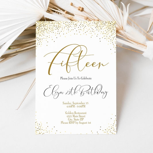 15th Birthday Invitation Template, Editable Fifteen Birthday Invite, Gold Glitter Confetti Surprise, Printable DIY Invite, Instant Download