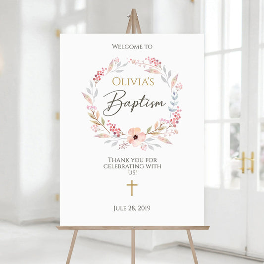 Baptism Welcome Sign Template, Blush Pink Floral Wreath Welcome Chart, Baptism Decorations, Girl Christening Sign Poster, Instant Download