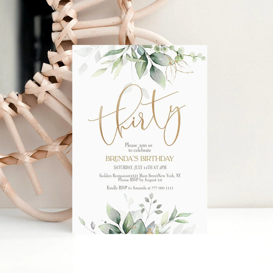 Printable 30th Thirty Birthday Greenery Boho Invitation Template, Editable Invite, Email Text Message, Gold Foil Leaves, Digital Download