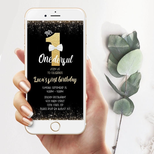 Editable Mr. ONEderful Birthday Invitation - Digital First Birthday Evite Template for Boys - Text Message Mobile Invite - Instant Download