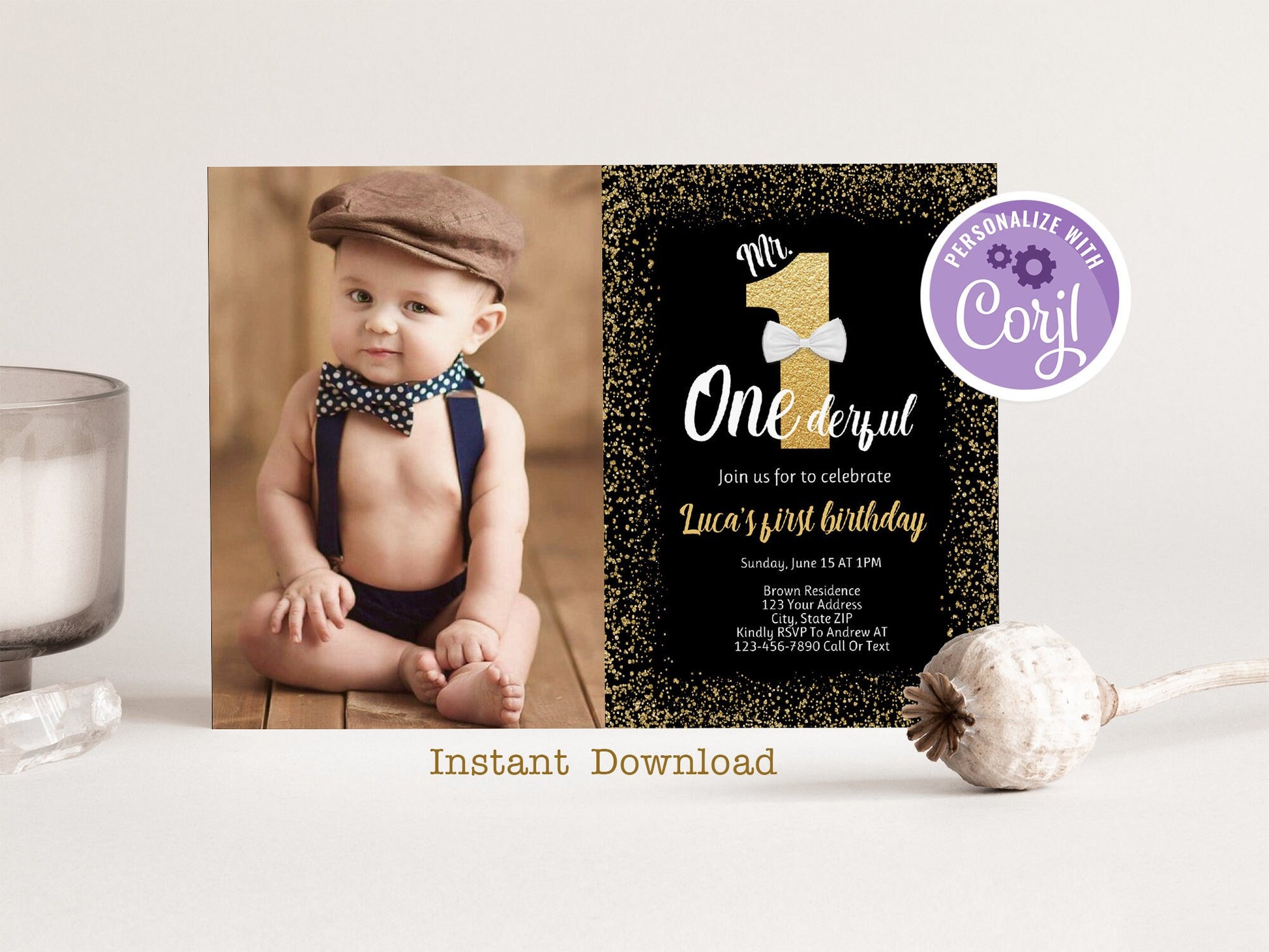 Mr. ONEderful Birthday Invitation with Photo, Editable First Birthday Invitation Template, Boy Birthday Invite One, Instant Download Digital