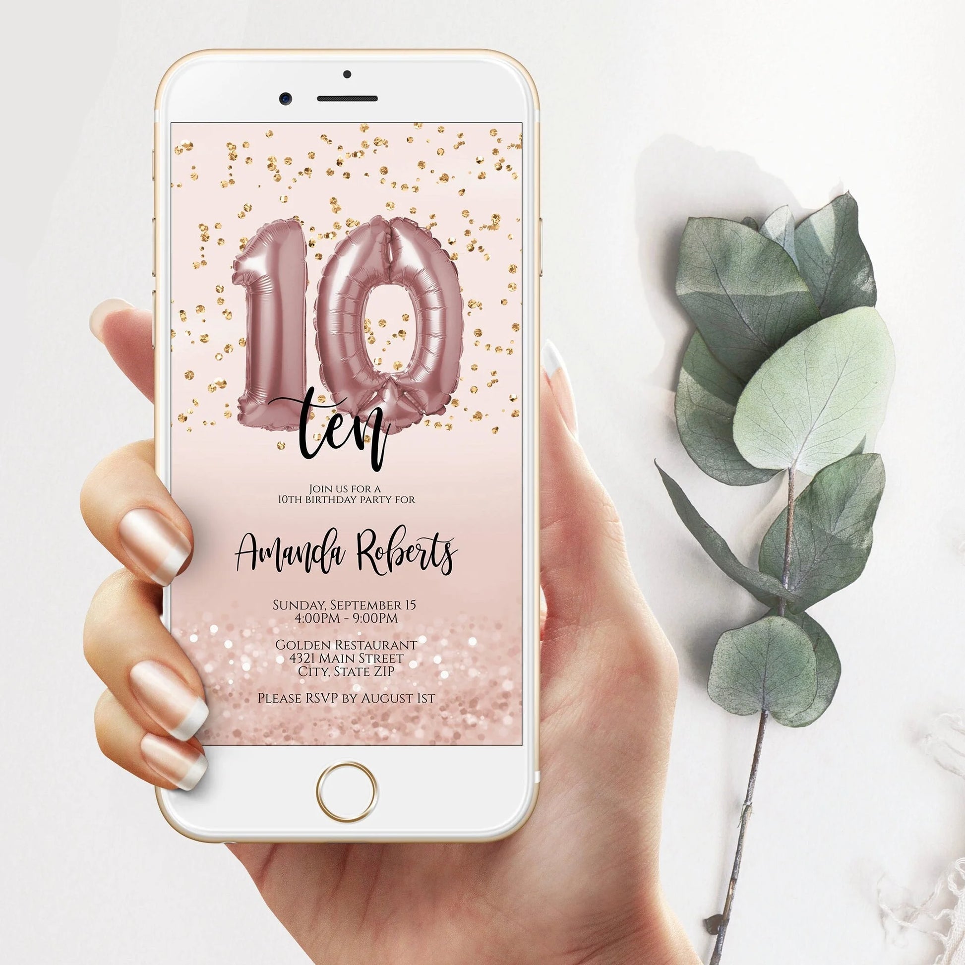 10th Birthday Invitation Electronic, Ten Editable Invite for girls, 10 Ballons, Birthday Invite, Evite, Digital Template, iPhone text message
