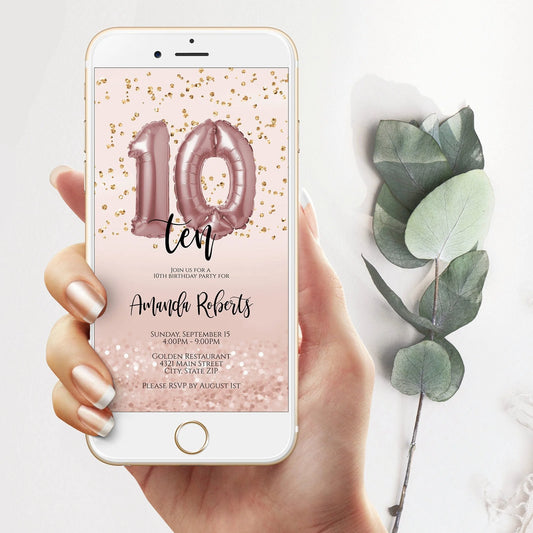 10th Birthday Invitation Electronic, Ten Editable Invite for girls, 10 Ballons, Birthday Invite, Evite, Digital Template, iPhone text message