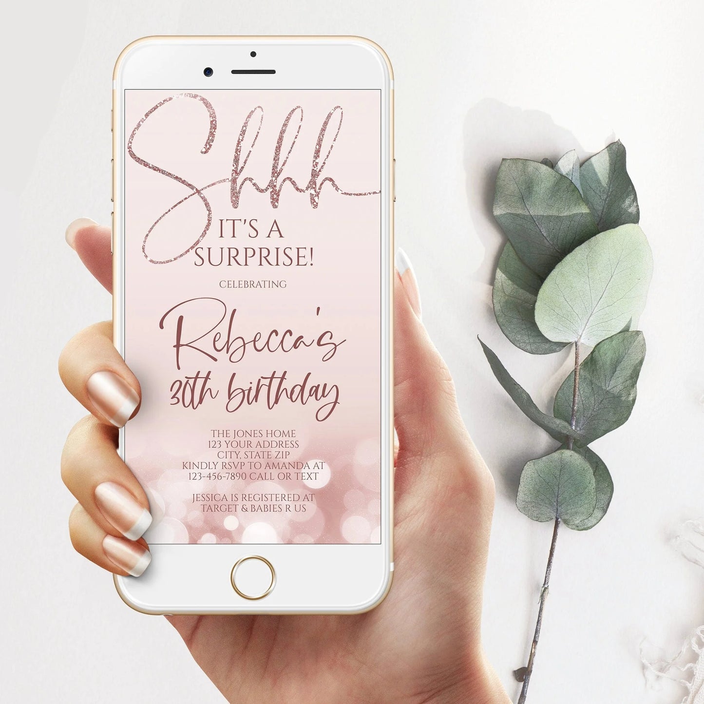Shhh it's a surprise Electronic 30th birthday text message invitation Evite, Rose Gold Glitter Invite, Thirty editable invite, Phone Invite