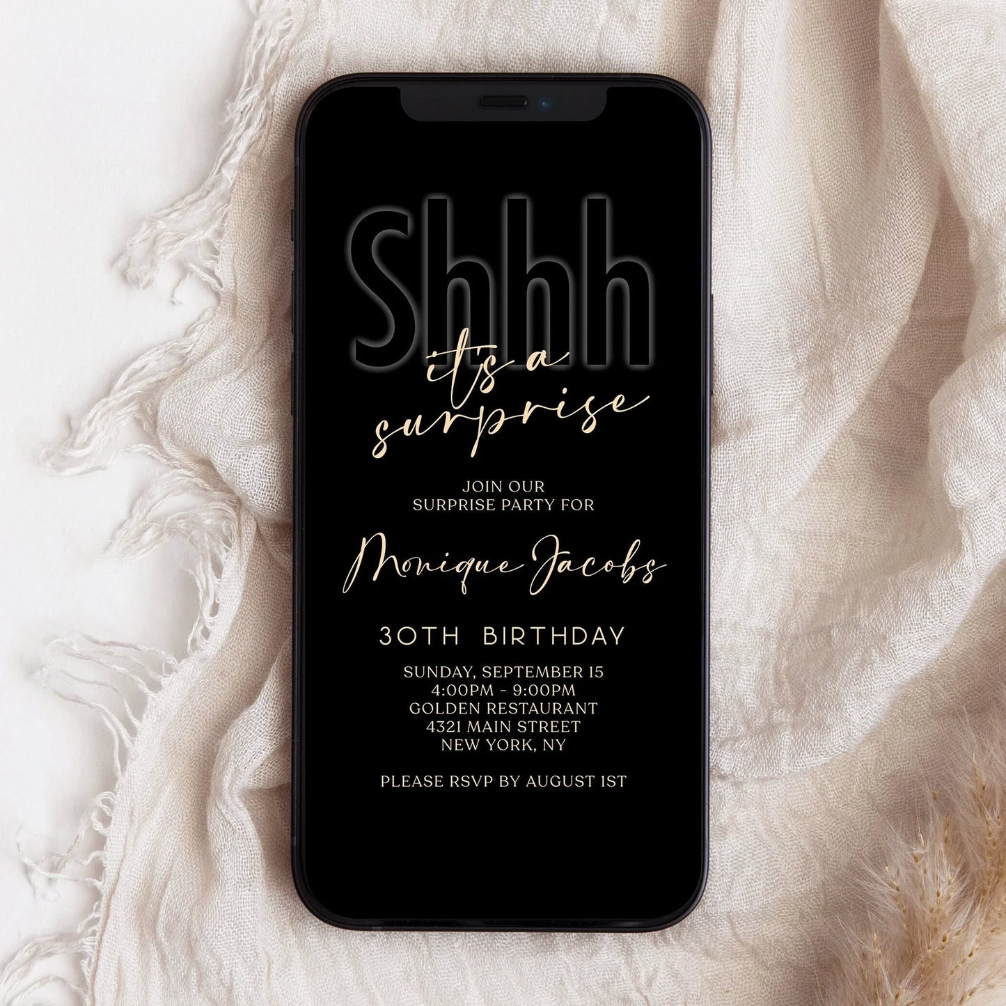 Shhh it's a surprise invite, Digital surprise party invite, Invitation Template, Text Message Invite, Black Electronic Mobile Phone Evite
