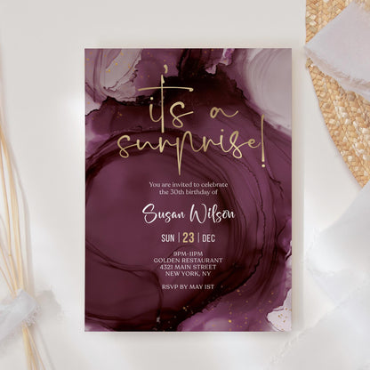 Purple Gold Birthday Surprise Party Invite Card, Editable Any Age Invitation Template, Printable Surprise Invitation Evite, Digital Download