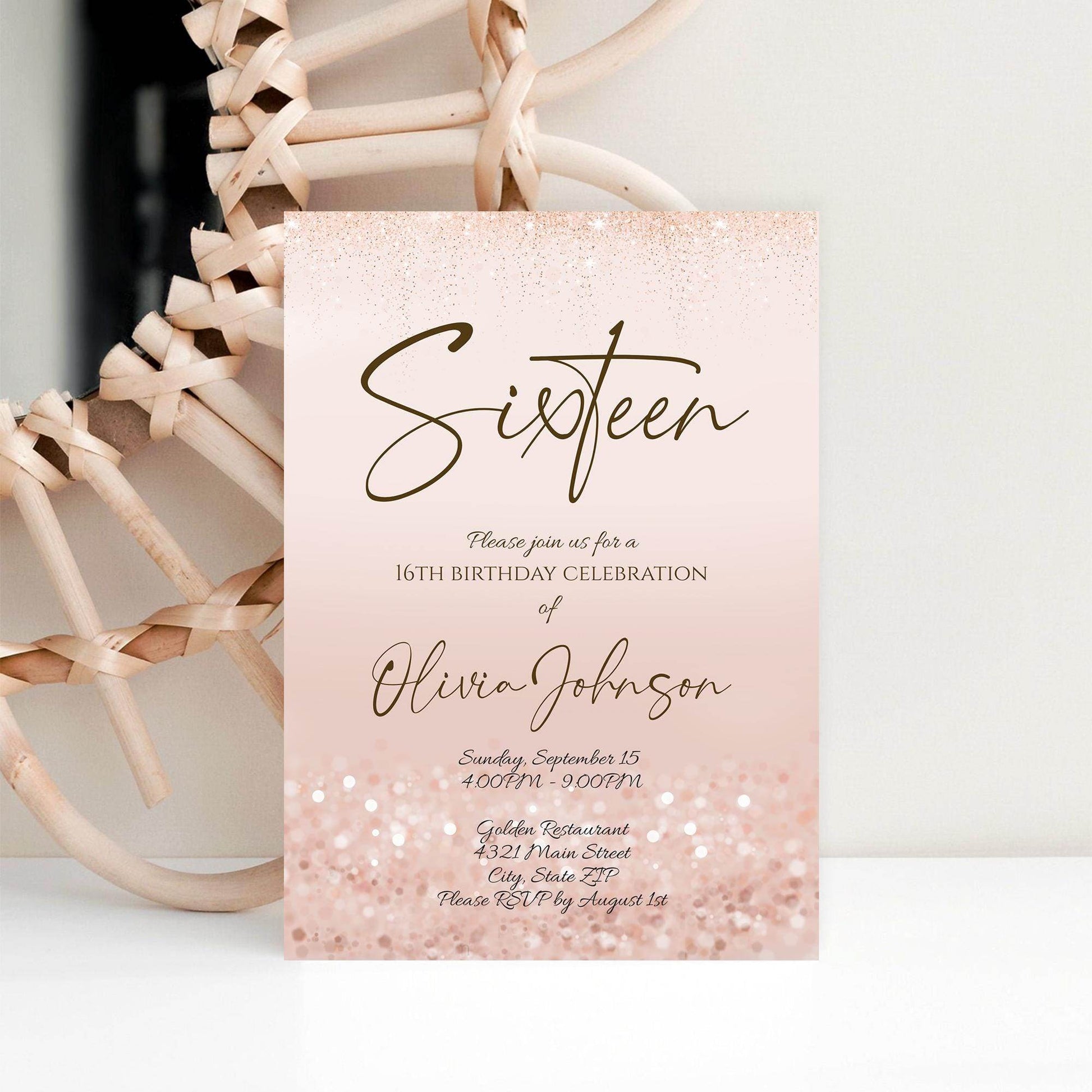 Girl 16th Sixteen Invitation Template Printable, Pink Birthday Party Invite, Editable Rose Gold Glitter Birthday Invitation Instant Download