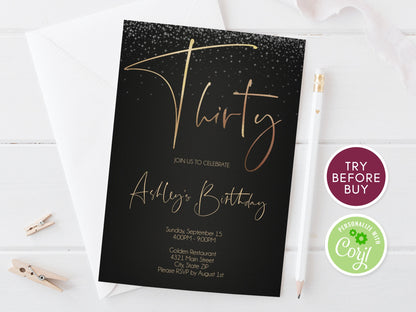 30th Birthday Invitation Template | Printable Gold Confetti Party Invite | Editable "Thirty" Birthday for Her | Instant Download