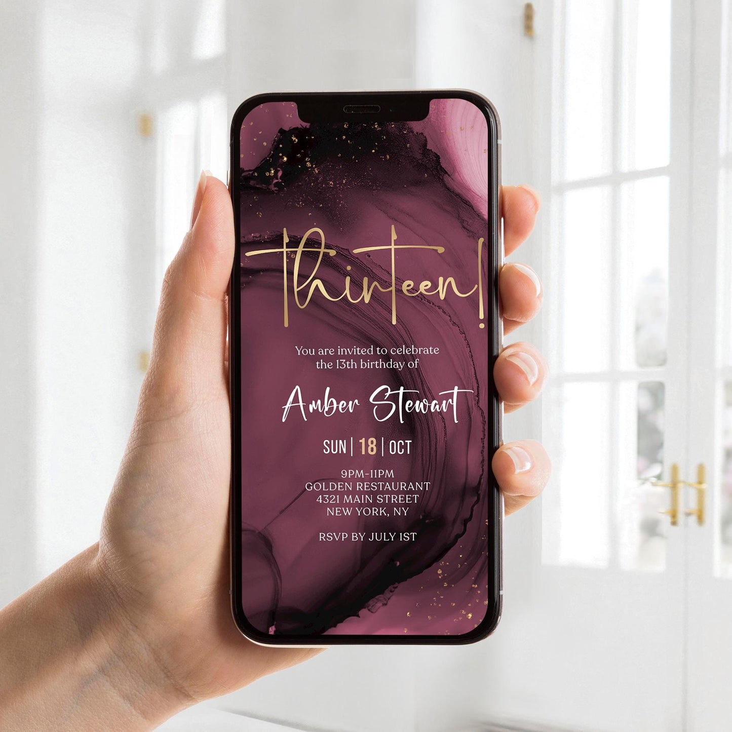Maroon Purple Gold 13th Birthday Invitation Template | Digital Evite for Teen