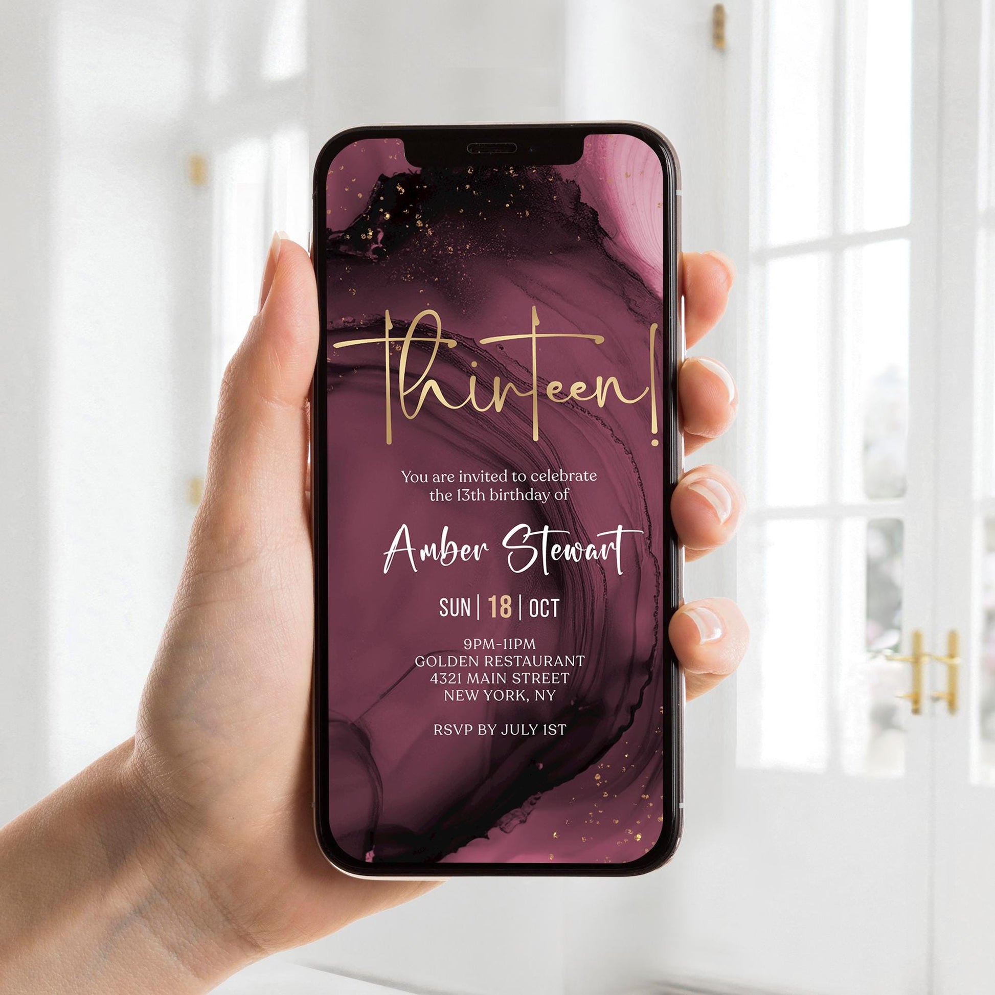 Maroon Purple Gold 13th Birthday Invitation Template | Digital Evite for Teen