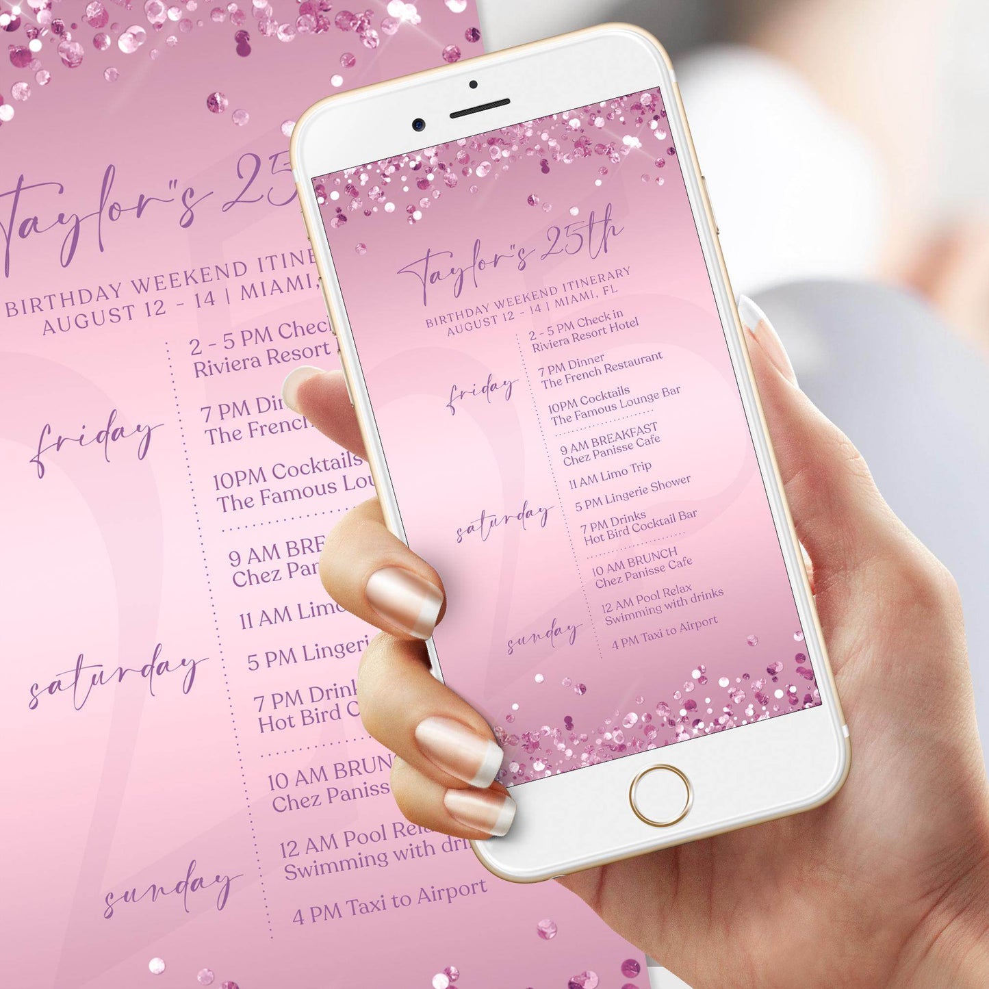 Electronic Purple Birthday Weekend Itinerary Template, Editable Party Itinerary, Digital Lavender Weekend Schedule, Instant Download Evite