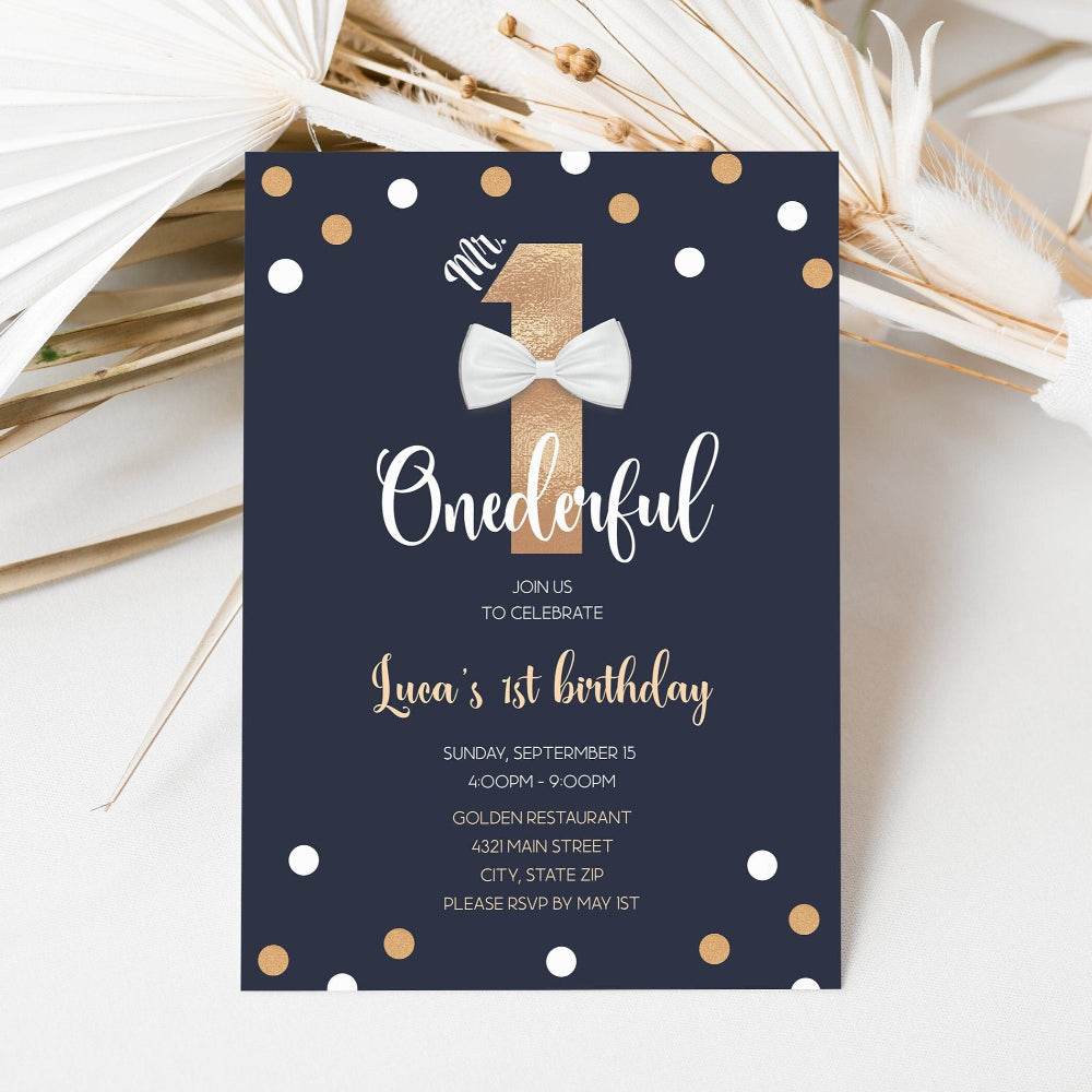 Printable Mr. ONEderful First Birthday Invitation – Editable Navy & Gold Foil Boy 1st Birthday Template | Text Message or Email Invite | Instant Download