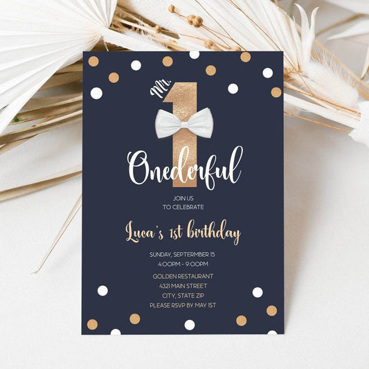 Printable Mr. ONEderful First Birthday Invitation – Editable Navy & Gold Foil Boy 1st Birthday Template | Text Message or Email Invite | Instant Download