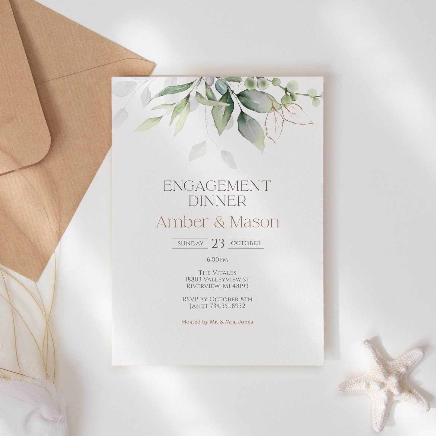 Greenery Engagement Dinner Party Invitation Template – Minimalist Editable Engagement Invite | Printable Invitation Card | Instant Download