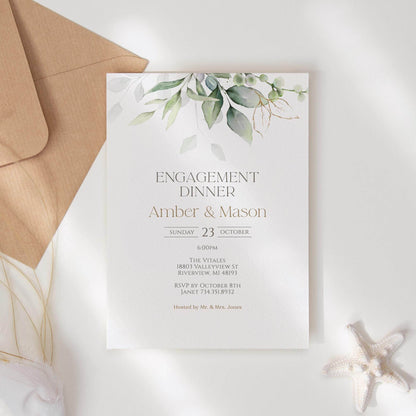 Greenery Engagement Dinner Party Invitation Template – Minimalist Editable Engagement Invite | Printable Invitation Card | Instant Download