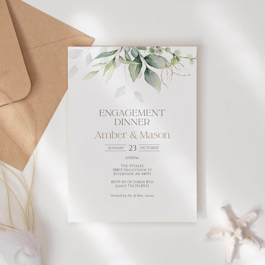 Greenery Engagement Dinner Party Invitation Template – Minimalist Editable Engagement Invite | Printable Invitation Card | Instant Download