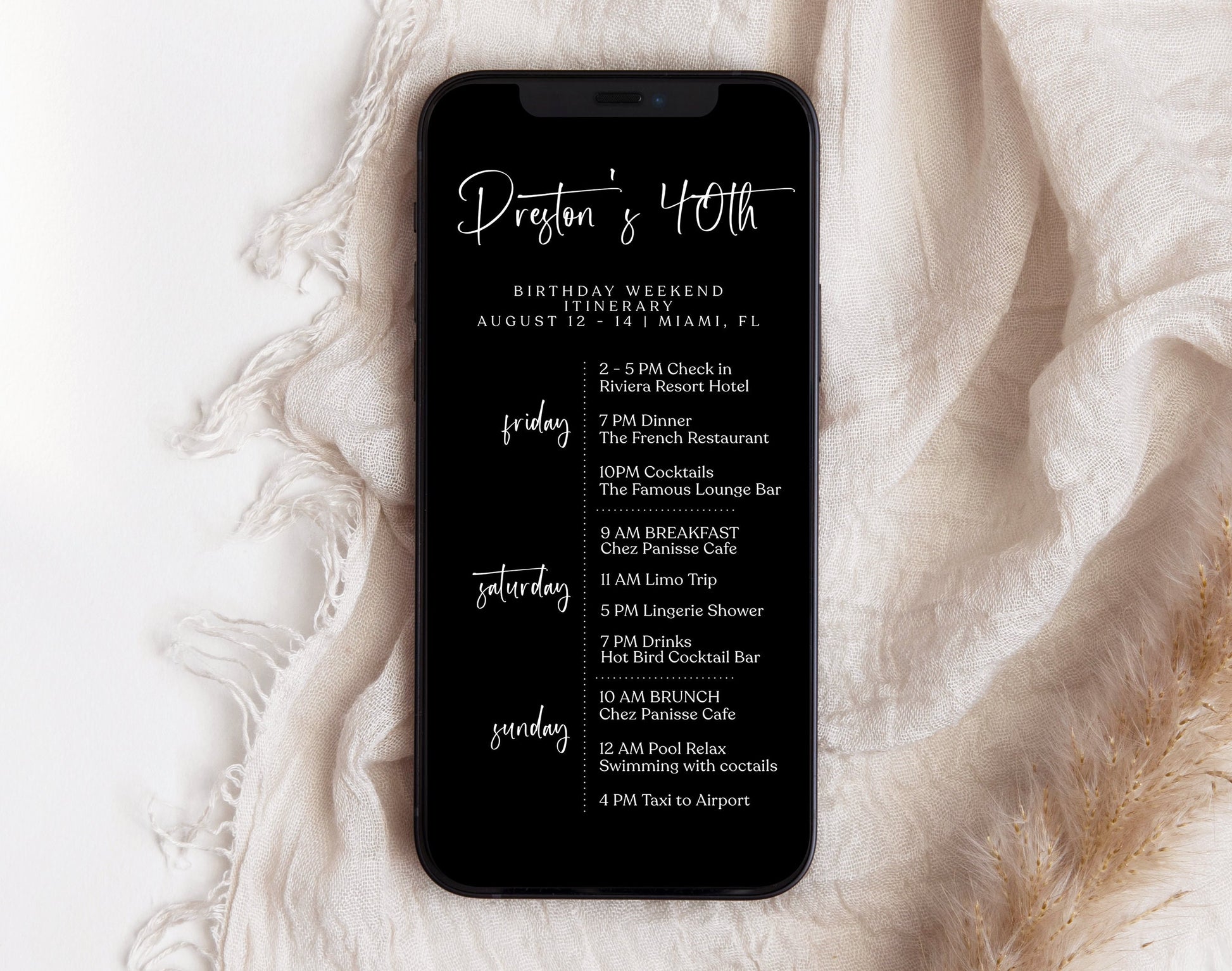 Editable Black 40th Birthday Weekend Itinerary | Digital Forty Birthday Itinerary Template | Simple Birthday Weekend Evite | Instant Download