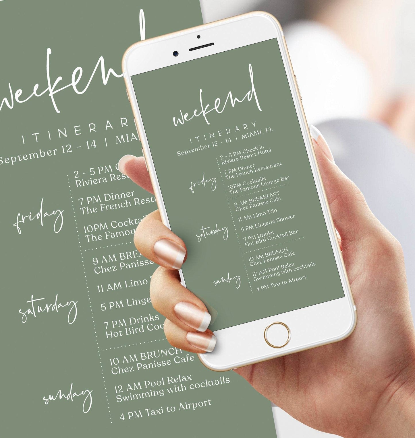 Sage Green Digital Weekend Itinerary Template, Editable Birthday or Bachelorette Mobile Schedule, Electronic Itinerary Text Message Evite