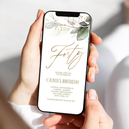 Digital Greenery Forty 40th Birthday Invitation Template | Boho Phone Party Invite | Instant Download