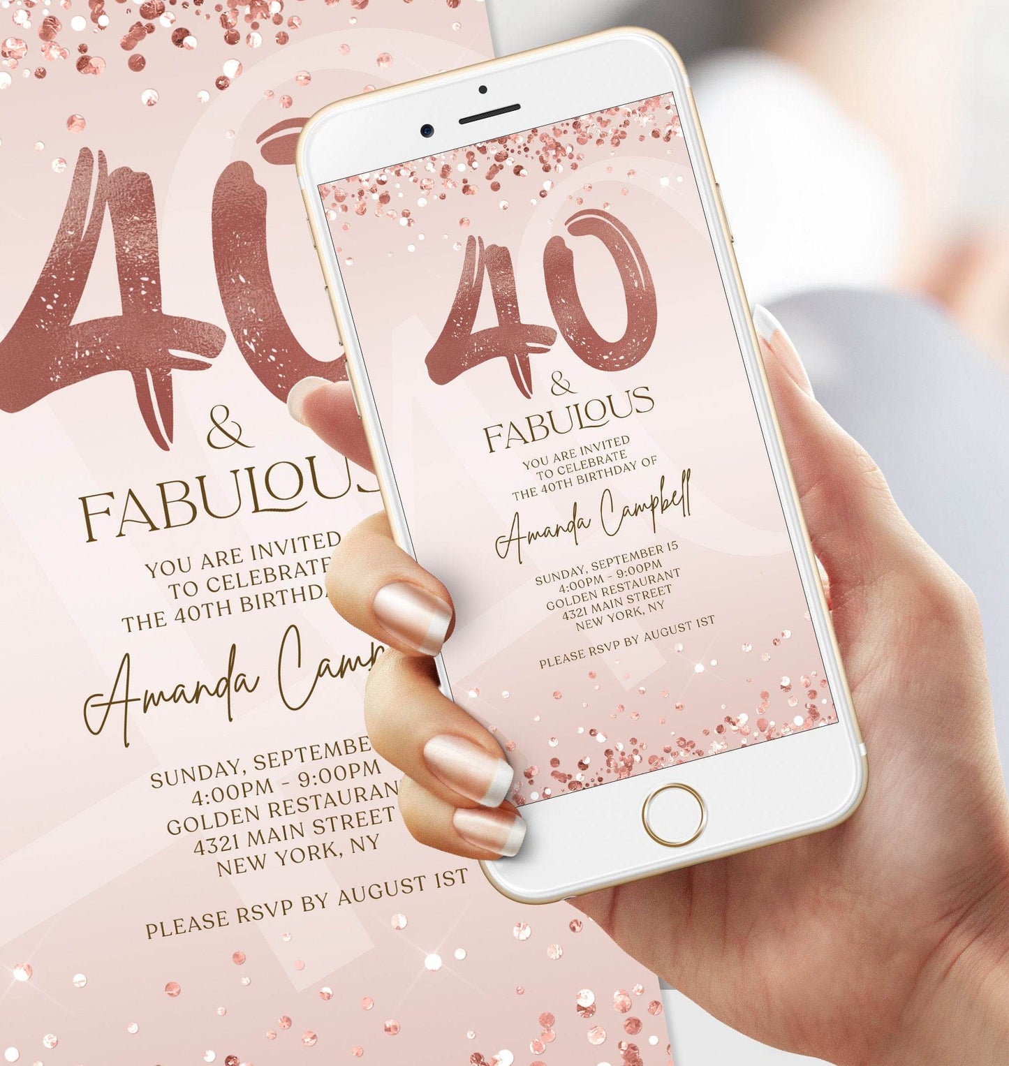 Digital Forty and Fabulous Dinner Party Invite – Editable Rose Gold 40th Birthday Invitation – Electronic Ladies Evite – Text Message Birthday Invitation