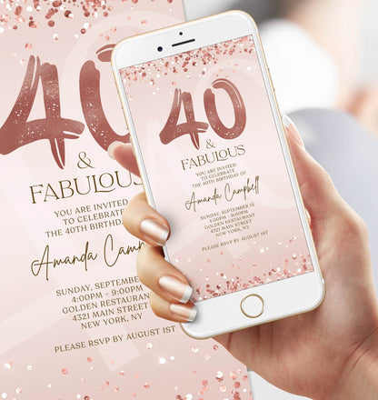Digital Forty and Fabulous Dinner Party Invite – Editable Rose Gold 40th Birthday Invitation – Electronic Ladies Evite – Text Message Birthday Invitation