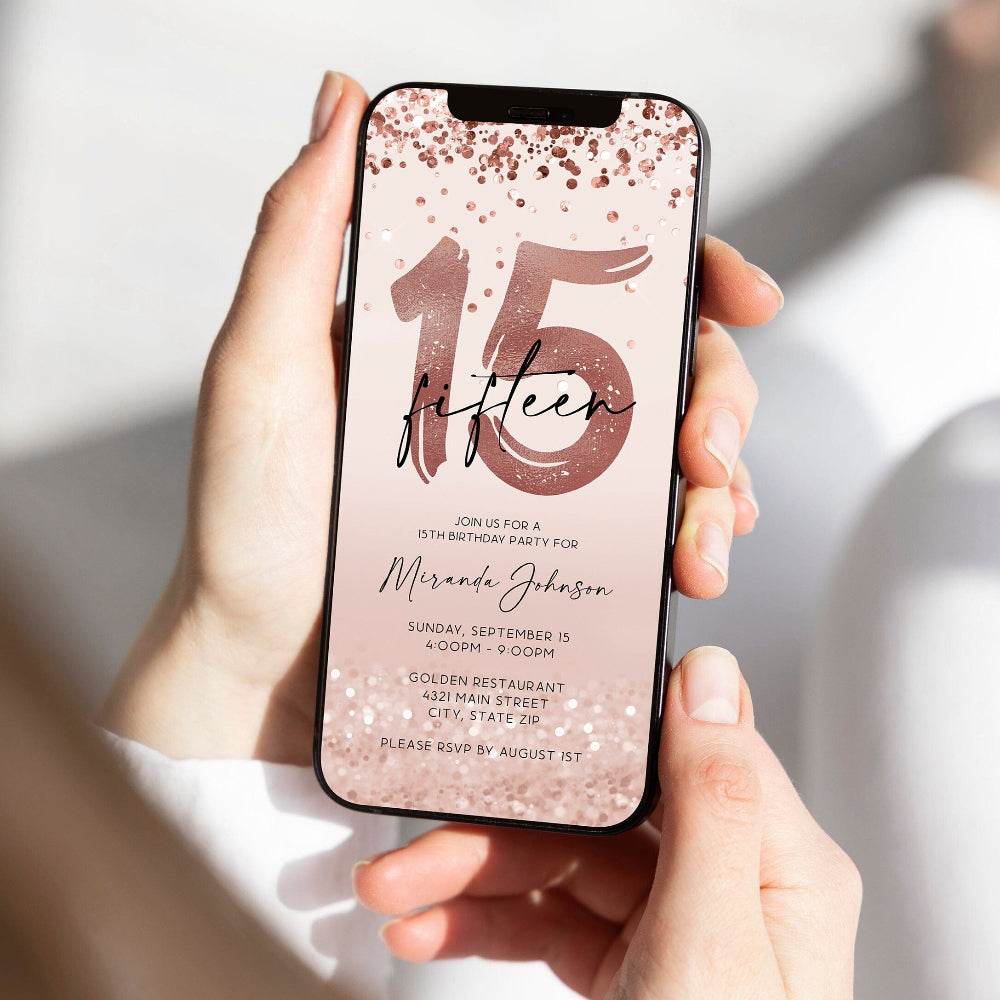 Electronic 15th Birthday Invitation | Rose Gold Confetti Digital Evite | Editable Girl Birthday Invite | Instant Download | Text & Email Template