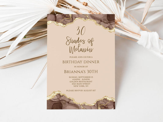 Shades of Melanin Birthday Dinner Invitation, Editable Brown Gold Agate Invite, Printable Digital Evite, Text Message Template