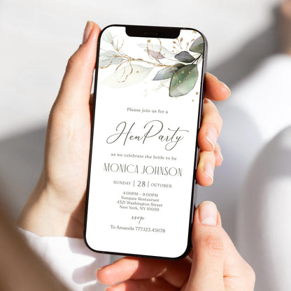 Digital Hen Party Invitation Template, Electronic Hen Party Invite, Phone Invitation, Editable Invite, Greenery Leaves, Text Message Evite