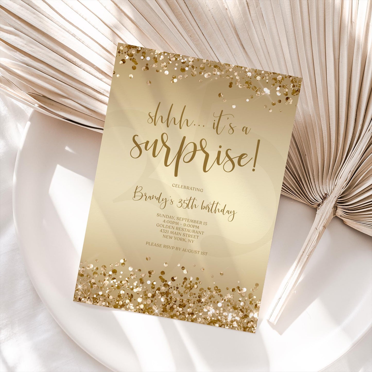 Gold Surprise Party Invitation Template - Editable Birthday Invite