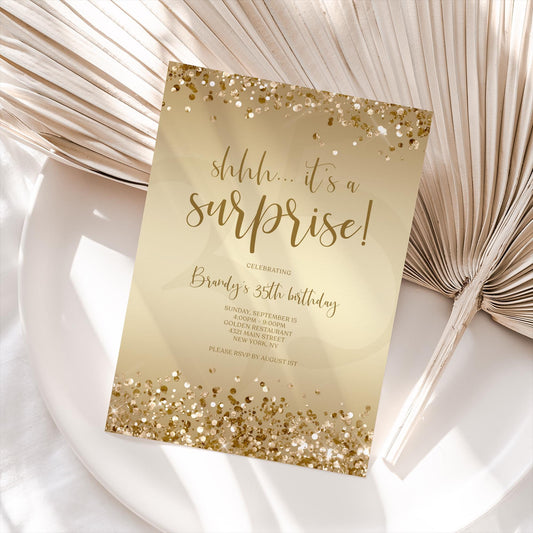 Gold Surprise Party Invitation Template - Editable Birthday Invite