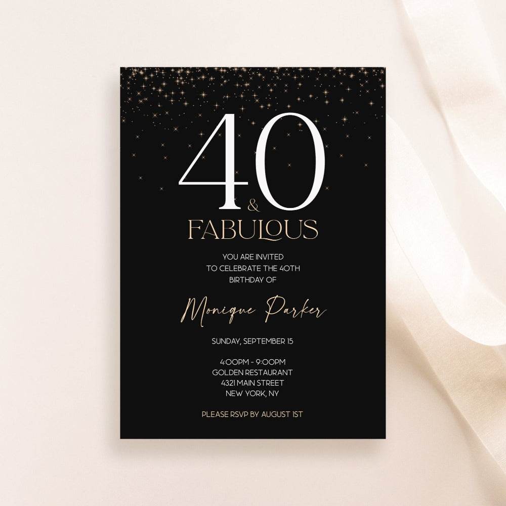 Printable Black & Gold 40th Birthday Invitation Template – Editable Forty & Fabulous Party Invite | Email Text Message Evite | Instant Download