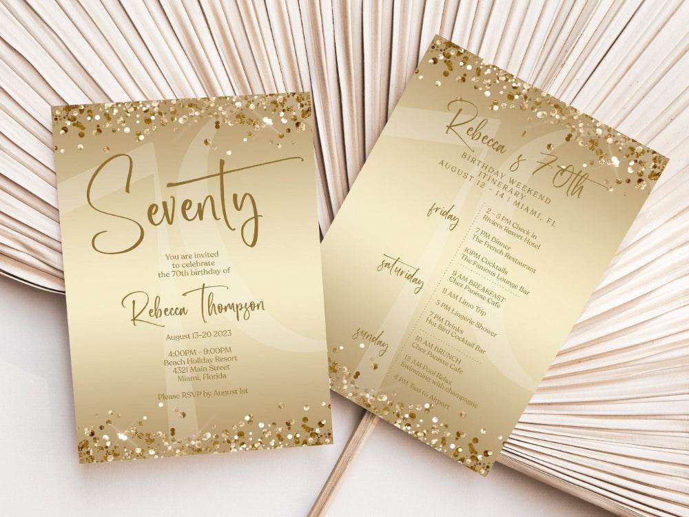 Printable Gold 70th Birthday Weekend Itinerary Template – Editable Seventy Birthday Weekend Invitation – Digital Birthday Weekend Invitation