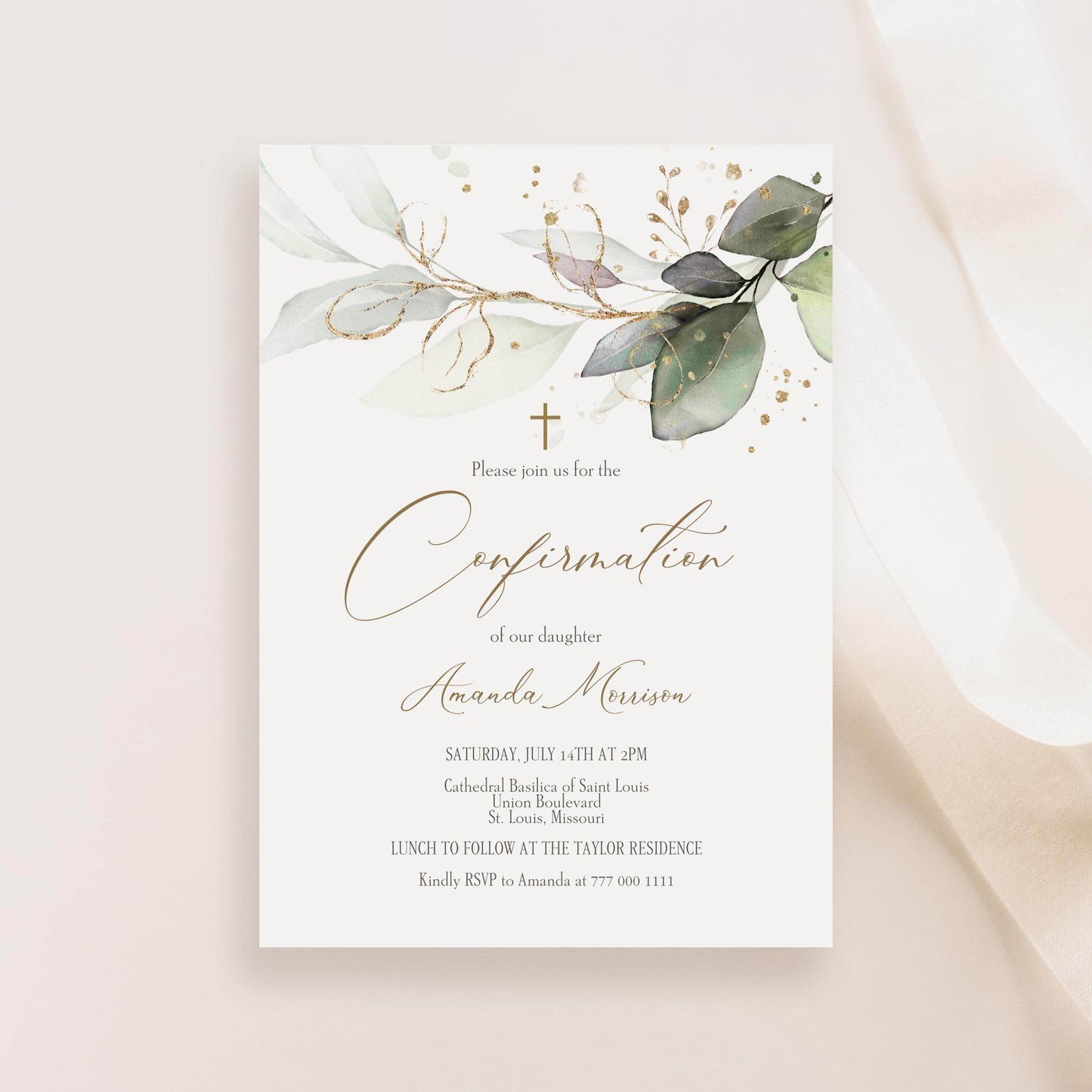 Printable Confirmation Invitation Template, Editable Greenery Eucalyptus Card, Baptism Invite for Boy or Girl, Digital Download, Text or Email