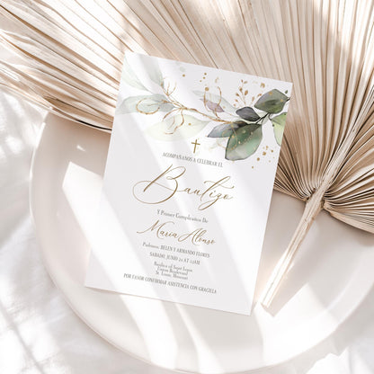 Invitacion de Bautizo, Bautizo Invitations Nino o niña, Invitación en Español, Mi Bautizo Invitation, Greenery Baptism Invitation Template