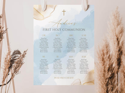 First Holy Communion Seating Chart Sign Template, Blue Gold Seating Chart, Editable Seating Chart, Boy First Communion Seating Sign Poster