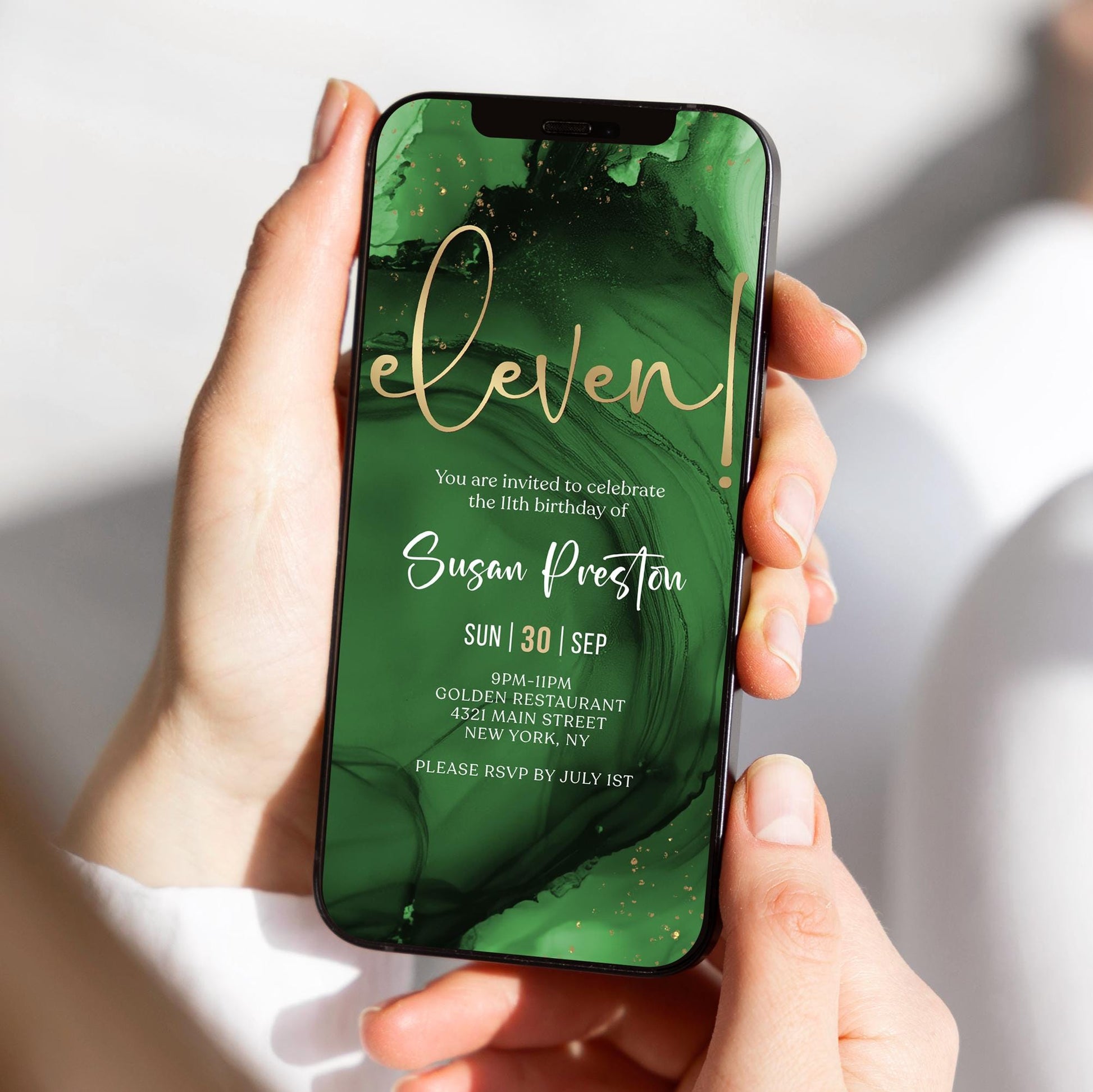 Green Emerald Gold 11th Birthday Invitation Template – Digital Birthday Party Invite – Editable Electronic Evite for Email & Text – Instant Download