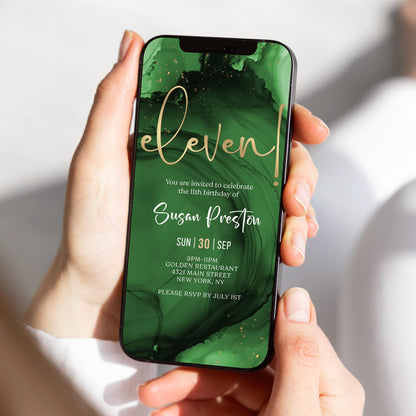 Green Emerald Gold 11th Birthday Invitation Template – Digital Birthday Party Invite – Editable Electronic Evite for Email & Text – Instant Download