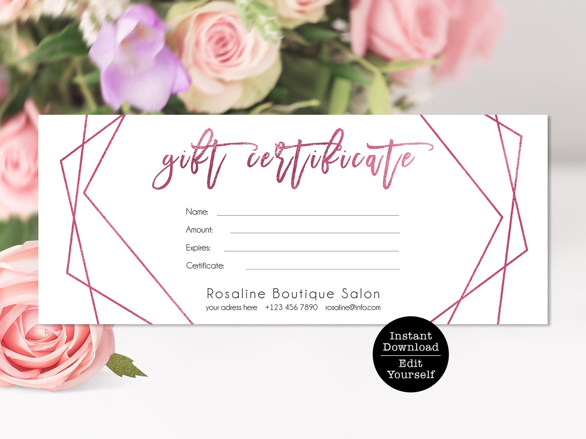 Editable Gift Certificate Template, Rose Gold Geometric Gift Card Template, Gift Voucher Template, Printable Gift Cards, DIY Shop Voucher