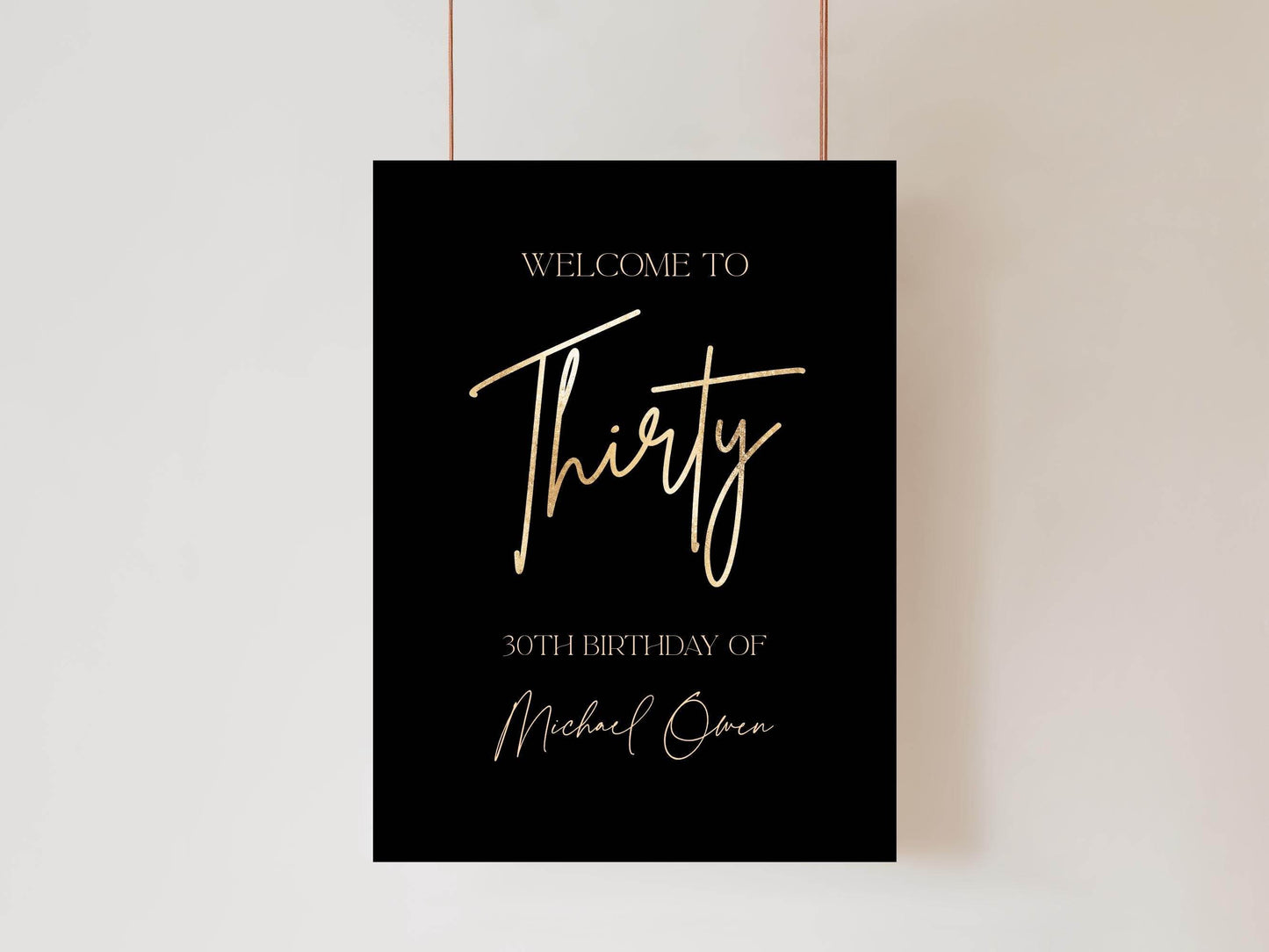 Printable 30th Birthday Welcome Sign, Black Gold Foil Editable Poster, Thirty Birthday Sign, DIY Party Decoration, Instant Download