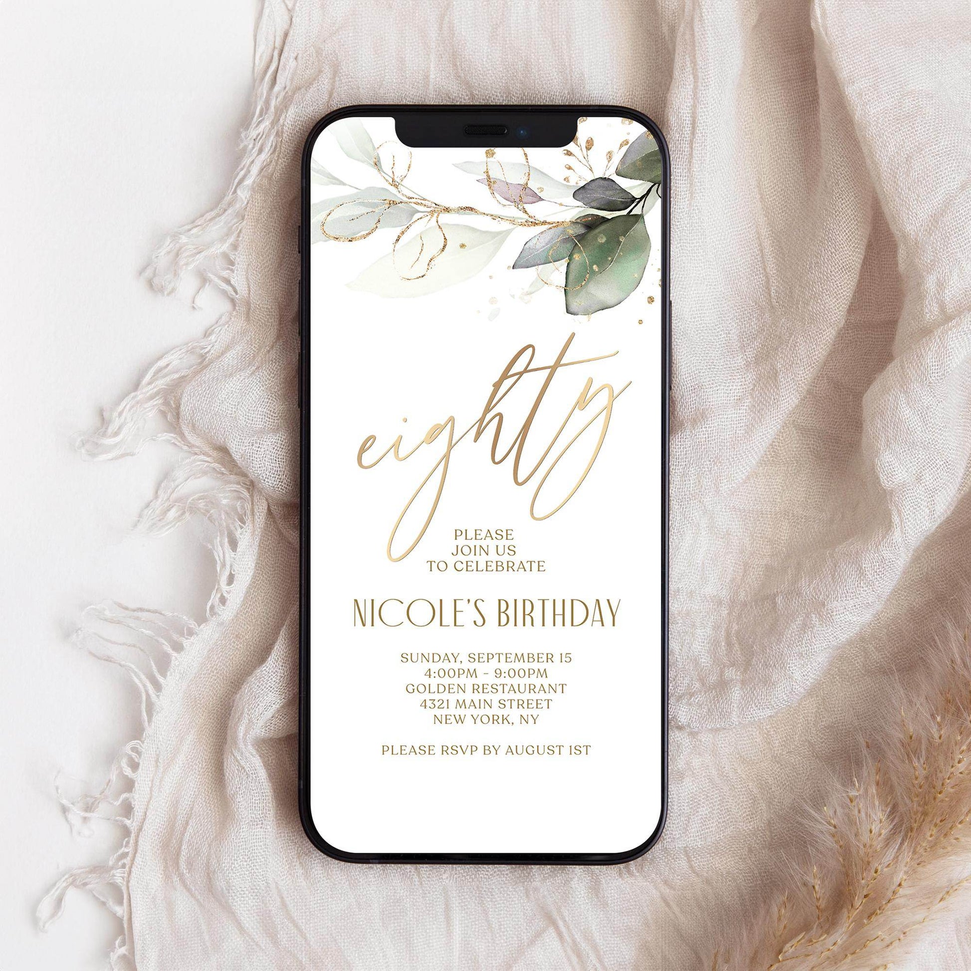 Editable 80th Birthday Invitation Template, Digital Greenery Boho Party Invite, Text Message Evite for Phone, Instant Download