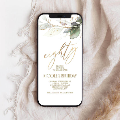 Editable 80th Birthday Invitation Template, Digital Greenery Boho Party Invite, Text Message Evite for Phone, Instant Download