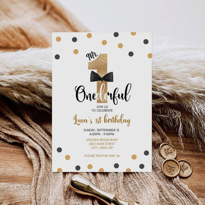 Editable Mr. ONEderful Birthday Invitation Template – Printable Gold Foil Boy 1st Birthday Party Invite | Digital Text Message Evite | Instant Download