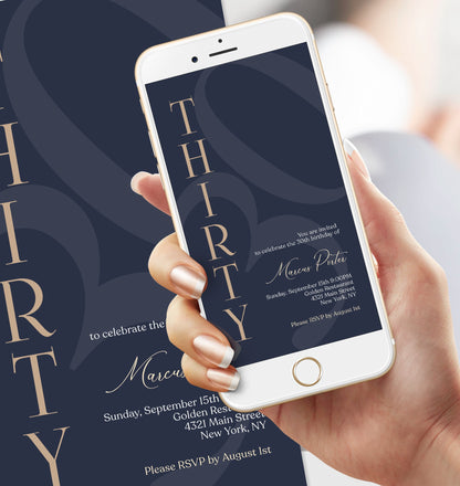Digital Minimalist Navy 30th Thirty Birthday Invitation Template, Editable Men’s Birthday Invite, Any Age, Email & Text Message Evite